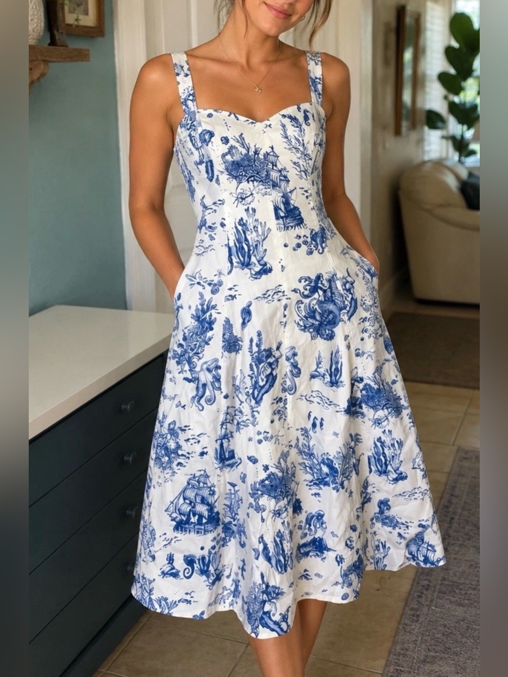 Avec Les Filles Blue and White Toile Midi Dress